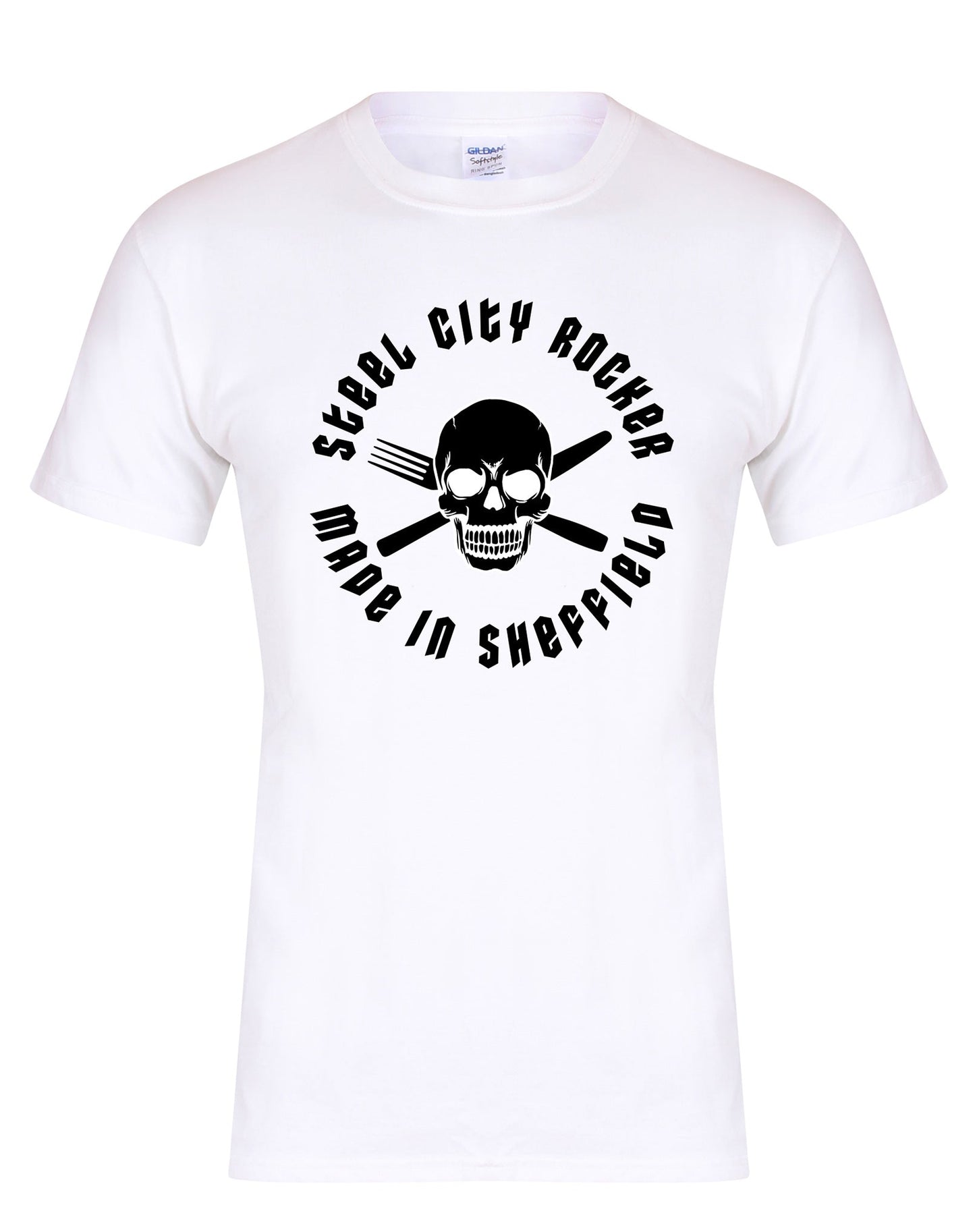 Steel City Rocker - skull and cross-cutlery design T-shirt - various colours - Dirty Stop Outs
