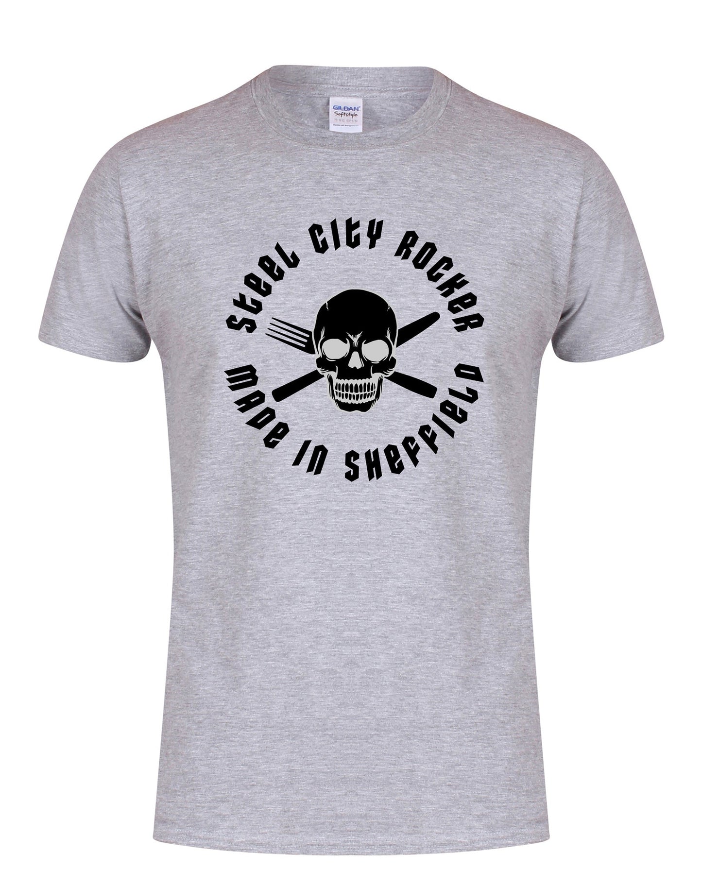Steel City Rocker - skull and cross-cutlery design T-shirt - various colours - Dirty Stop Outs